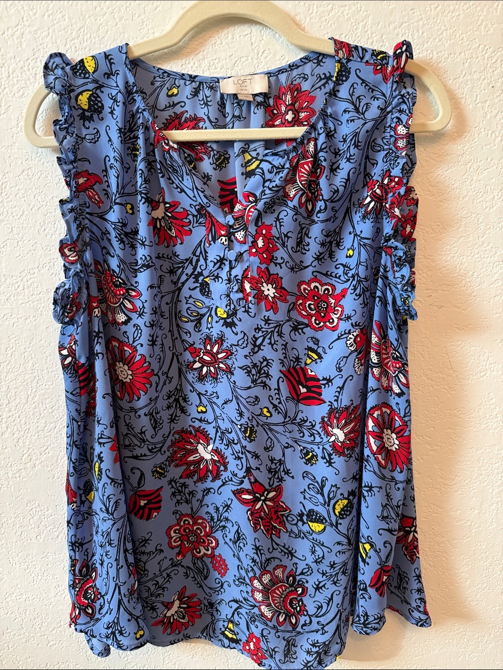 LOFT Blue Floral V-Neck Ruffle-Trim Shell - Picture 1 of 5